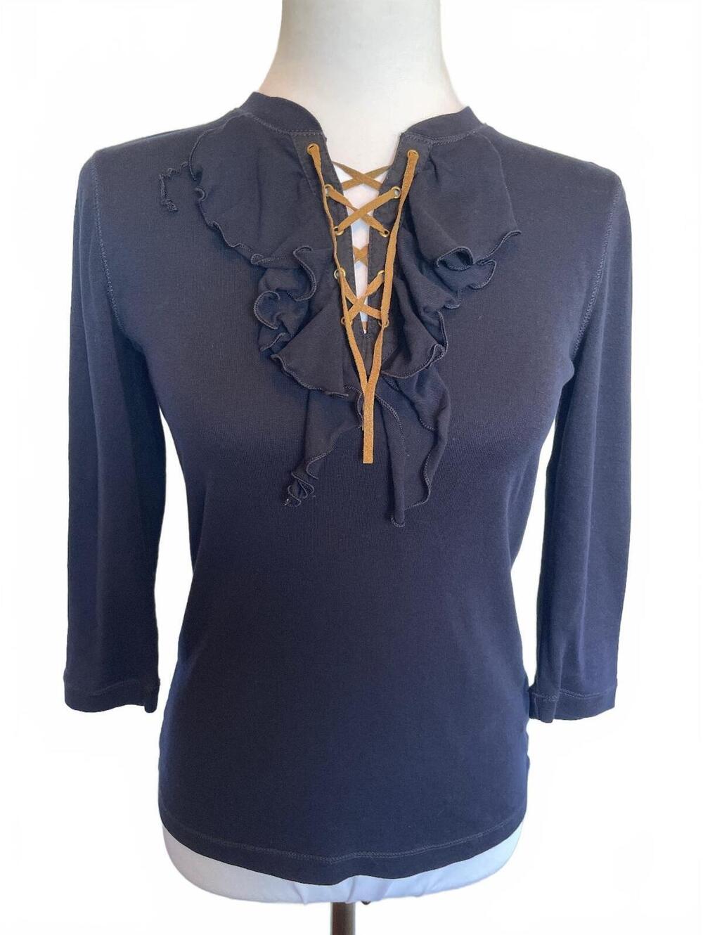 Lauren Ralph Lauren Navy Lace Up Ruffle Top S Whimsigoth Equestrian Romantic